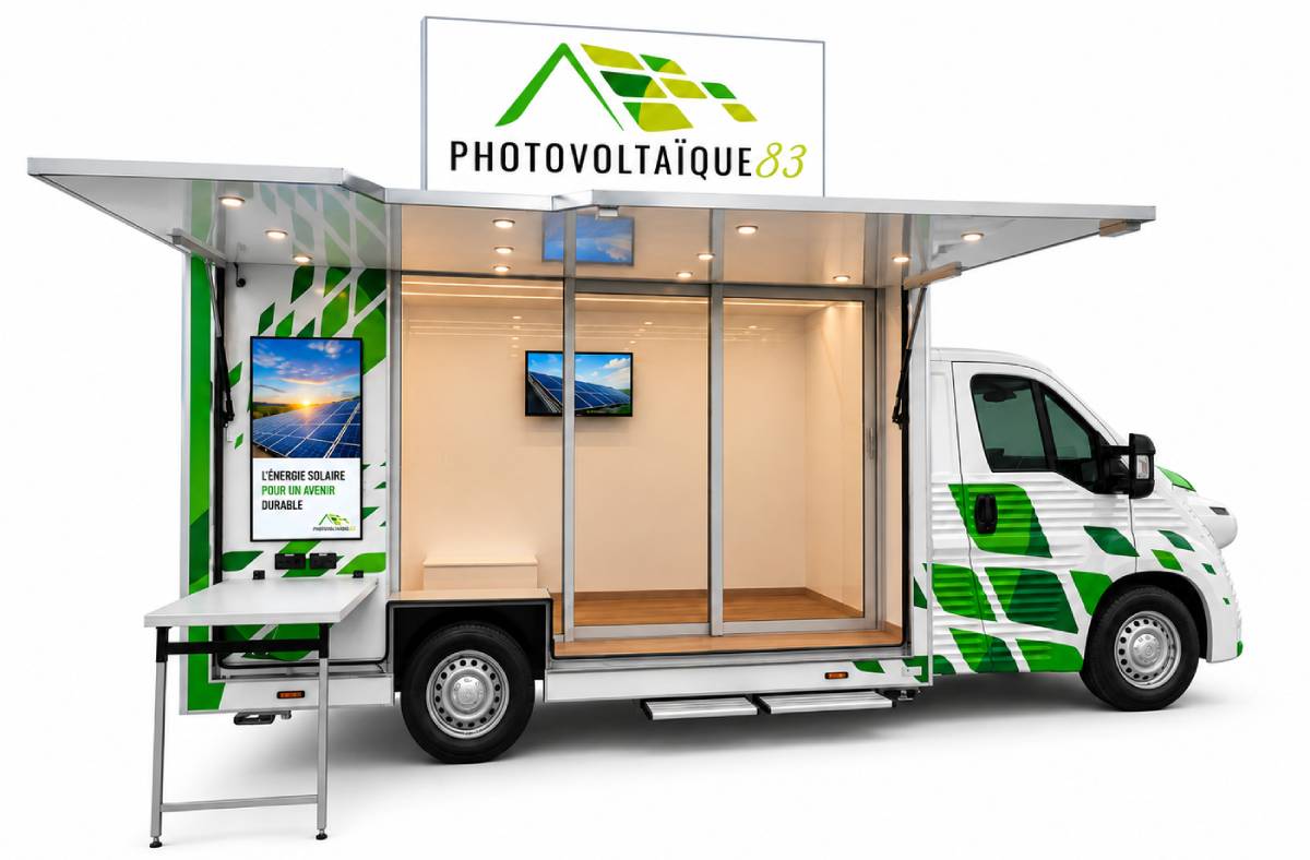camion showroom et unite mobile avec une table extérieure rabattable, une fenêtre coulissante, un système de climatisation intérieure, une enseigne lumineuse rabattable, des panneaux photovoltaïques sur le toit avec système de levage automatique